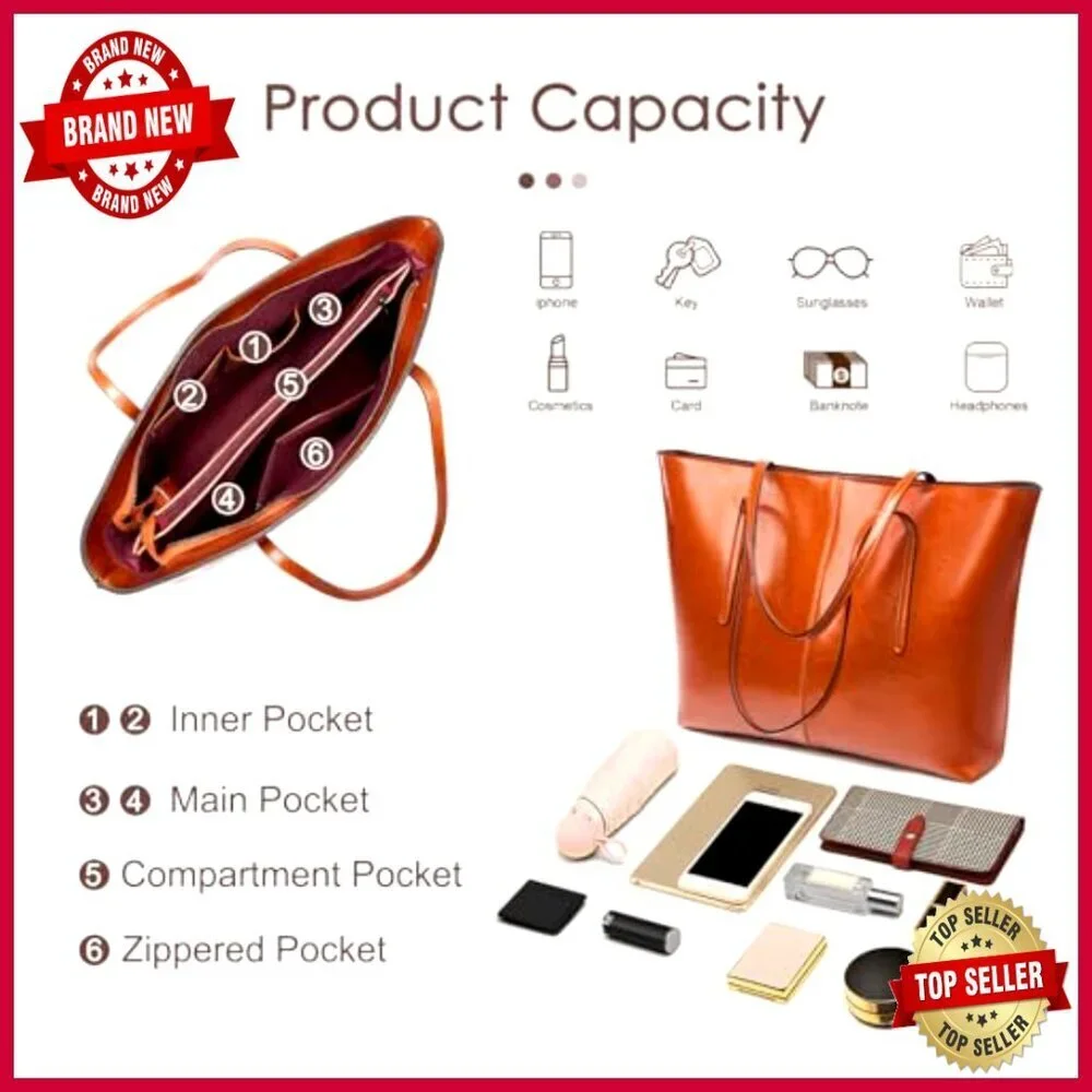 Large Genuine Leather Tote Bag with Top Handle and Shoulder Strap